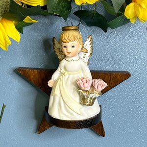 Vintage Porcelain Angel On‎ Wood Star Base Wall Hanging 5" Figurine